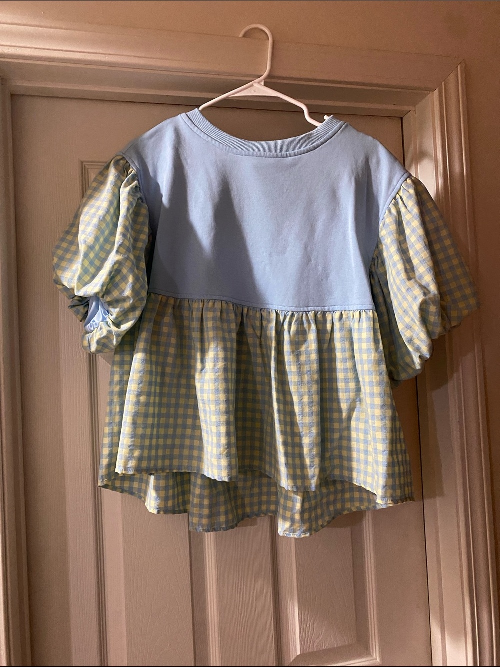 Light Blue & Yellow Gingham Puff-Sleeve Top